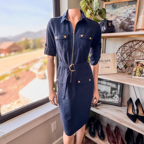 Sharagano Women's Navy Blue w/ Gold Accents Belted Collared Shirt Dress, Size: 4 - Picture 1 of 10